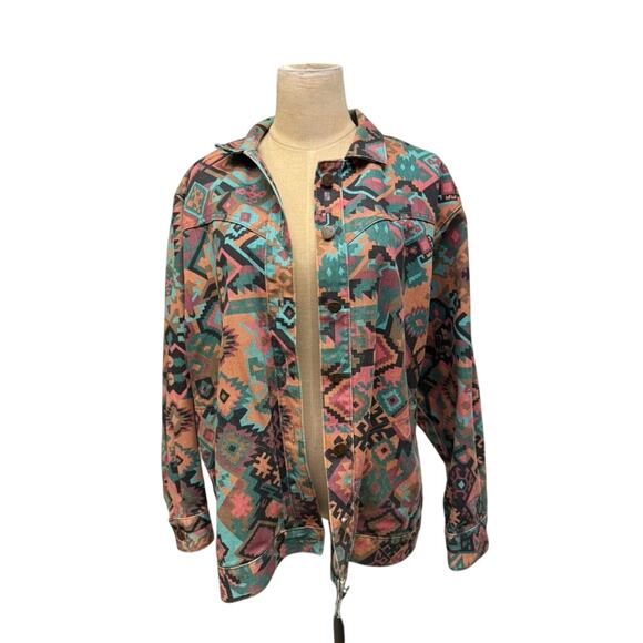 "GOTCHA COVERED" Aztec Print Denim Jean Jacket Womens SZ M VTG Cowgirl Rodeo - Picture 1 of 12